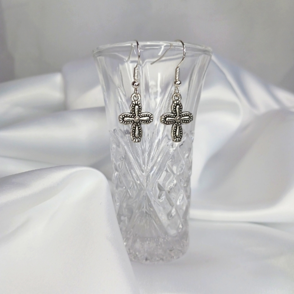 Chunky Silver Dotted Outline Cross Earrings.